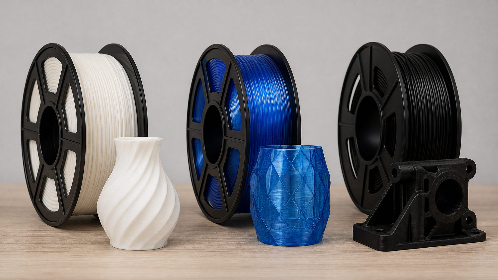 Rolos de filamento PLA, PETG e ABS e objetos impressos