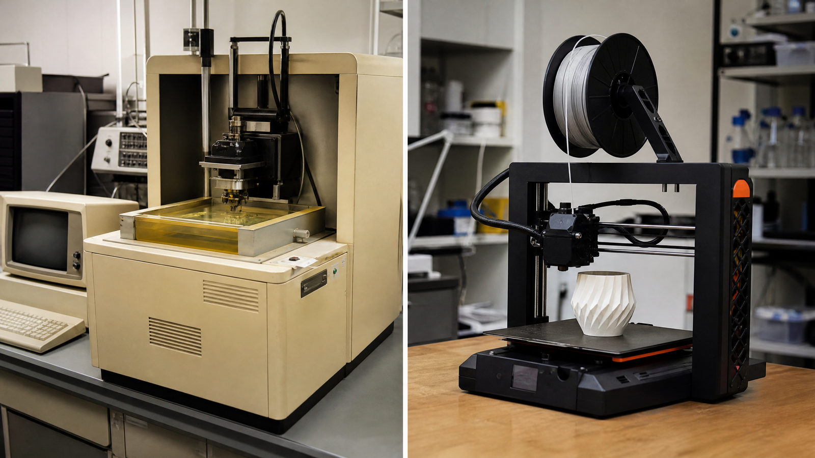 Uma impressora 3D histórica ao lado de uma impressora 3D moderna